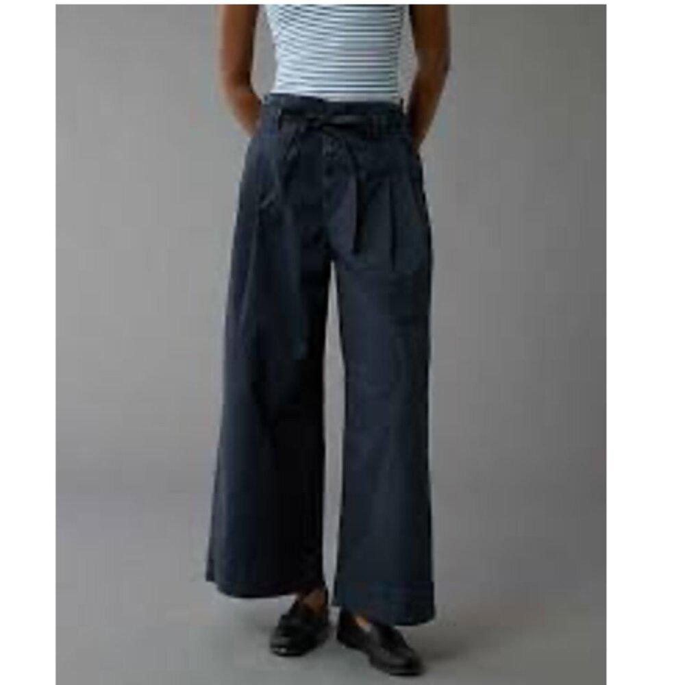 NWT American Eagle Paper-Bag Wide-Leg Crop Pant Navy Blue Women’s 4